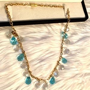 Vintage .Necklace gold color chain . Blue & White stones.